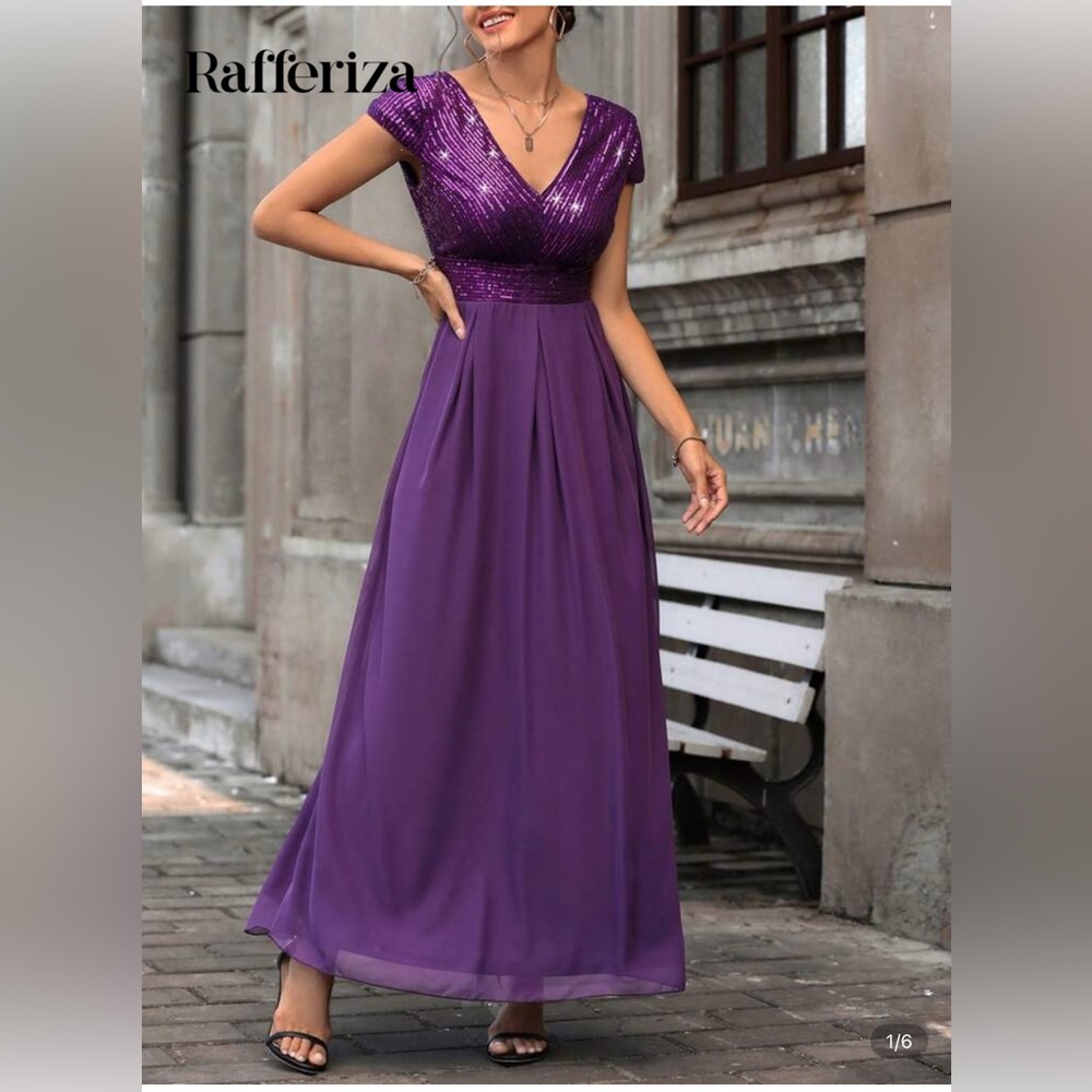 Elegant Purple Evening Dress sz L sequin glitter on top with flowing skirt